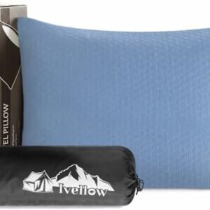 Ivellow Memory Foam Travel Pillow Compressible Camping Pillow for Sleeping Shredded Memory Foam Pillow Compact Firm Supportive Travel Pillow for Adults Kids Outdoor Hiking Essential Gear Blue-M