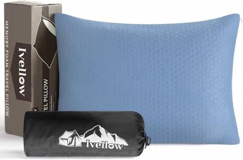 Ivellow Memory Foam Travel Pillow Compressible Camping Pillow for Sleeping Shredded Memory Foam Pillow Compact Firm Supportive Travel Pillow for Adults Kids Outdoor Hiking Essential Gear Blue-M