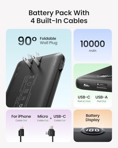 Portable Charger with Wall Plug, Slim USB C Power Bank with Built-in Cables, 10000mah LED Display External Battery Pack Compatible with iPhone/Android & More (Black) - Image 2
