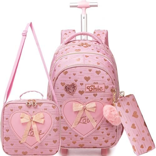 Meetbelify Kids Backpacks with Wheels for Girls Rolling Backpack with Lunch Box for Elementary Students Carry on Backpack Travel Suitcase Trip Luggage for Girls Ages 6-8