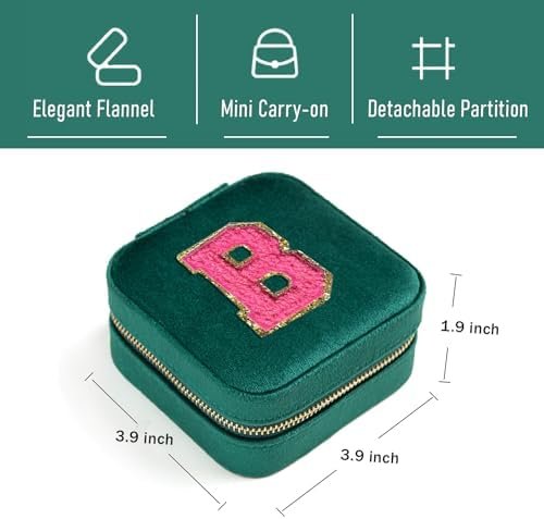 Personalized Velvet Travel Jewelry Case Box For Women Ring Necklace Earring Holder Organizer with Mirror Green Girls Box Birthday Gifts Mom Initial B - Image 3