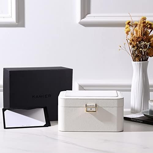 KAMIER Travel Jewelry Box, 2 Layers PU Leather Portable Jewelry Organizer, Large Capacity, Double Lock and Large Mirror, Hidden Necklace Hooks, Removable Dividers, Gift Box Packaging, White - Image 4