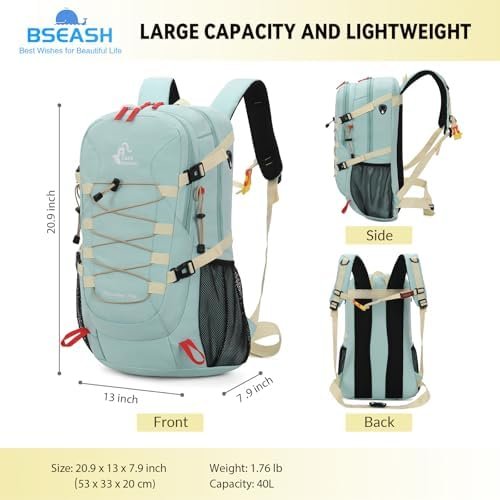 Bseash 40L Waterproof Hiking Backpack with Rain Cover, Outdoor Sport Travel Bag Daypack for Camping Climbing Skiing Cycling (Milk Green) - Image 2