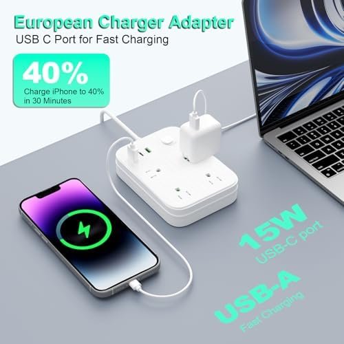 European Travel Plug Adapter, European Power Strip with 4 AC Outlets 1 USB C and 2 USB Ports, Europe to US Plug Adapter Type C for EU Germany France Spain Italy Travel (3ft) - Image 4