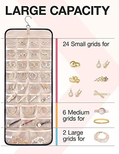 BAGSMART Hanging Jewelry Organizer Storage Roll with Hanger Metal Hooks Double-Sided Jewelry Holder for Earrings, Necklaces, Rings on Closet, Wall, Door, 1 piece, Large, Black - Image 3
