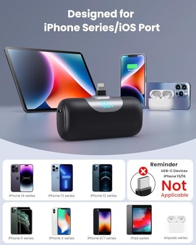 Mini Portable Charger for iPhone,Upgraded 22.5W PD Fast Charging 5500mAh Ultra-Compact Power Bank,LCD Display Plug-in Cute Battery Pack Travel Essentials for iPhone 14/14Pro/13/12/11/X/8/7/6 (Black) - Image 3
