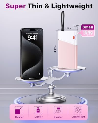 Portable Charger Power Bank, 10000mAh 22.5W PD Super Fast Charging Powerbank with Built-in USB C in&Out Cable, Slim External Phone Battery Pack for iPhone 17/16 Samsung S24 Android etc (Pink) - Image 5