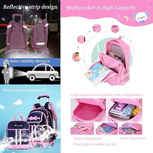 Rolling Backpack for Girls Cute Trolley Bags Primary School Bookbags with Wheels Kids Carry-On Wheeled Backpack with Lunch Bag - Image 4
