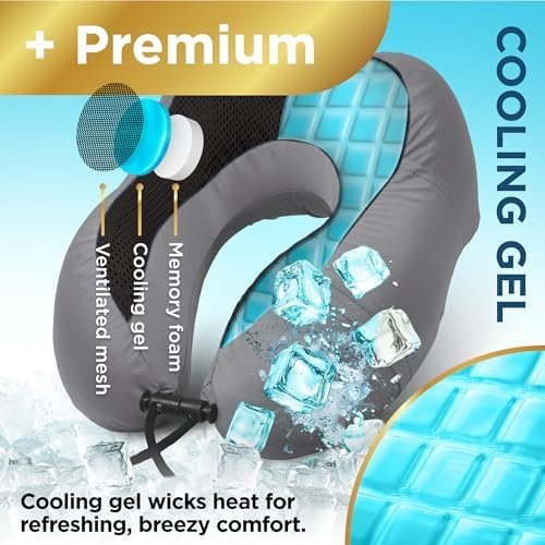 BLACK+DECKER Cooling Gel Memory Foam Neck Pillow – Travel Pillow for Plane, Car & Train – Ergonomic Neck Support, Slow Rebound Memory Foam, Washable Cover, Universal Fit, Grey - Image 2