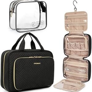 BAGSMART Toiletry Bag Hanging Travel Makeup Organizer with TSA Approved Transparent Cosmetic Bag Makeup Bag for Full Sized Toiletries, Large-Blck