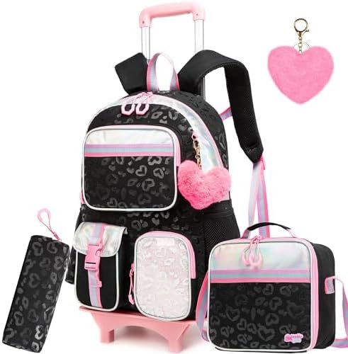 Meetbelify Girls Rolling Backpack with Wheels - Cute Kawaii Carry On Backpack for Elementary Students - Lunch Box Included - Travel Suitcase for Girls 8-10