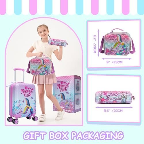 Cute Pink Mermaid Kid’s Luggage Set 5 Piece Suitcase Set 16’’ Hardside Luggage with Spinner Wheels Girls Boys Carry on Toddler Luggage Travel Rolling Luggage Carry on Luggage Airline Approved - Image 6