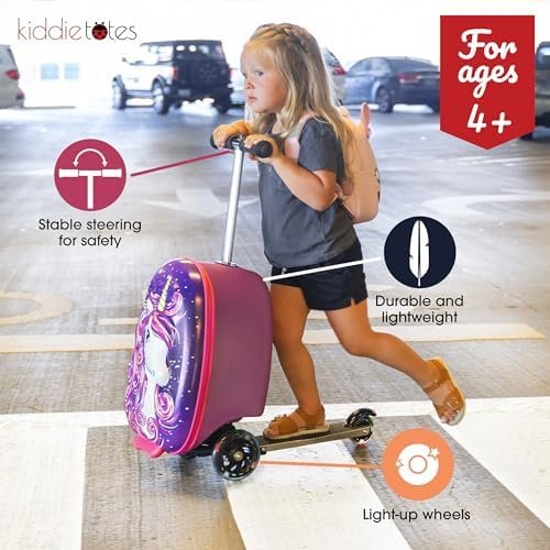 KIDDIETOTES Ride-On Scooter Suitcase for Kids – Hardside Lightweight Carry-On Luggage with Foldable Scooter, LED Wheels, Travel Fun for Toddlers & Children - Image 2