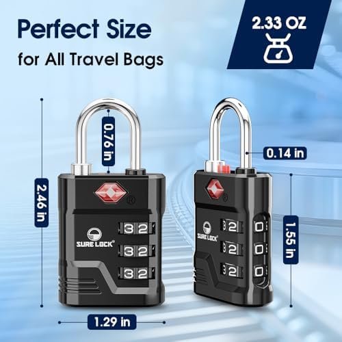 SURE LOCK TSA Locks for Luggage, TSA Approved Luggage Locks with Open Alert, 008 Key for High Security, Easy Read Dials, Zinc Alloy Body, Locker Lock for Suitcase, Gym, Travel. (Black 2 pk) - Image 6
