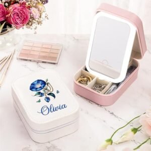 CALLIE Personalized Travel Jewelry Box for Women, Retro Gemstone Birth Flower PU Leather Jewelry Organizer Case with Name and LED Mirror, Valentine’s Day Birthday Gifts for Mom Sister Daughter Wife