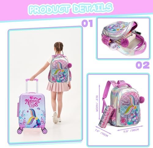 Cute Pink Mermaid Kid’s Luggage Set 5 Piece Suitcase Set 16’’ Hardside Luggage with Spinner Wheels Girls Boys Carry on Toddler Luggage Travel Rolling Luggage Carry on Luggage Airline Approved - Image 3