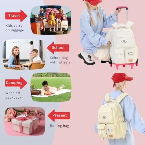 Girls Boys Rolling Backpack with Wheels, Girls Backpack with Wheels for School, Kids Carry-on Luggage Wheeled School Bag Roller Trolley Bookbag, White - Image 6