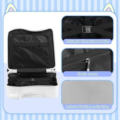 smilesun 20" Ride-On Travel Suitcase for Kids, Cute Ear Toddler Carry on Luggage with Spinner Wheels, Children Rolling Trolly Luggage with Combination Lock (Matte White with Rope) - Image 6