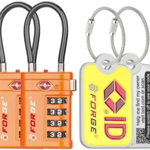 Forge TSA Approved Cable Luggage Locks with TSA008, 4-Digit Combination & Open Alert Indicator, Zinc Alloy Body, 2 Orange Travel Locks with 2 TSID Smart Lost & Found Tags for Luggage & Suitcase