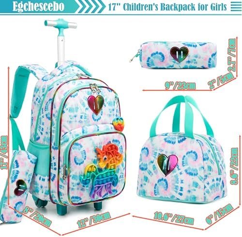 Egchescebo Kids Rolling Unicorn Backpack for Girls Luggage Suitcase With Wheels Trolley Wheeled POP Roller Backpacks for Elementary Travel School Bags 17" 3PCS Toy Backpack With Lunch Box Green - Image 2