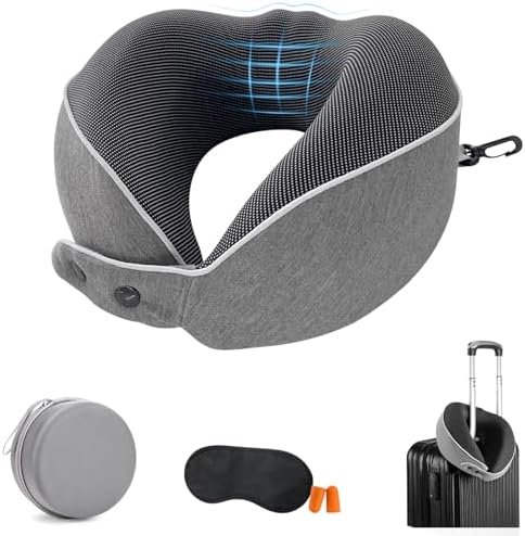 Travel Neck Pillow, Airplane Pillow with Eye Mask, Earplugs and Storage Box, Memory Foam Neck Travel Pillow for Airplanes, Offices and Cars, Breathable, Detachable (Adult, Grey)