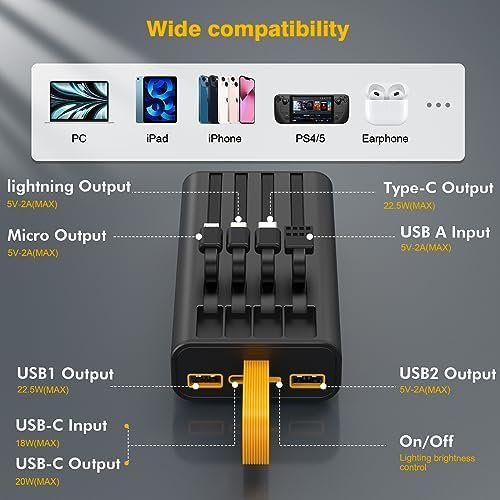 Portable Charger 10000mAh,22.5W Fast Charging Power Bank with Built in Cables,Transparent External Battery Pack with Flashlight,USB C in&out Portable Phone Charger for iPhone Samsung Android Cellphone - Image 6