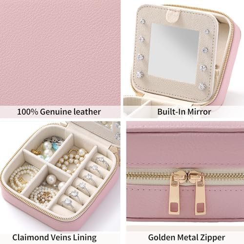 Genuine Leather Travel Jewelry Organizer Case with Mirror for Women, Small Mini Portable Jewelry Box for Ring Earrings Necklace Bracelet Luxury Gift for Women(Brown) - Image 4