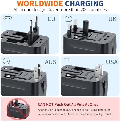 Travel Adapter USB C, Universal All in One Worldwide Travel Adapter Fast Charge GaN PD3.0 Type C USB-A Quick Charging Ports Power Converters Wall Charger AC Power Plug Adapter for USA EU UK AUS Black - Image 3