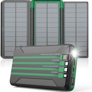 Power Bank Solar Charger 46800mAh Built in 4 Cables 3 Foldable Solar Panels, PD20W Fast Charging Portable Charger, LED Display Powerbank USB C in/Output, External Battery Pack with SOS Camping Light