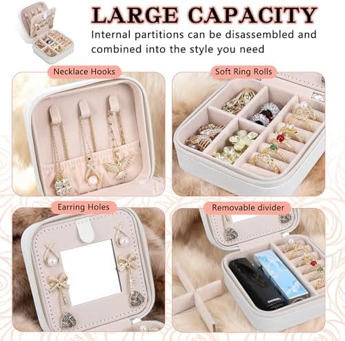 Travel Jewelry Case and Organizer with Mirror,Portable Mini Storage Box for Rings, Earrings, Necklaces, Gift for Mother Mom, Girl, Daughter, Sisters, Bridesmaids, Mother's Day Gift(White) - Image 4