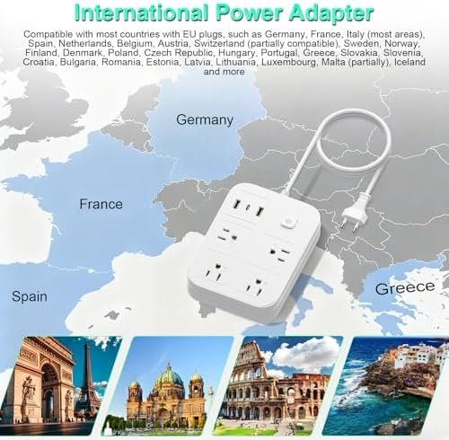 European Travel Plug Adapter, European Power Strip with 4 AC Outlets 1 USB C and 2 USB Ports, Europe to US Plug Adapter Type C for EU Germany France Spain Italy Travel (3ft) - Image 3