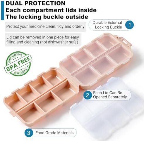 LANDNEOO 14 Grids Pill Organizer Box with Labels, Travel Medication Holder Dispenser Case Kit, Pocket Daily Pharmacy Container for Fish Oil Vitamin Supplement Storage, Khaki Pink Grey, 3 Pack - Image 6