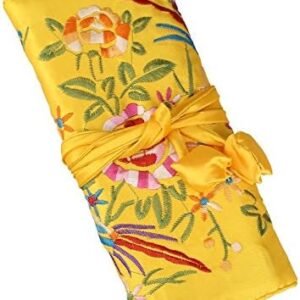 Yellow Multi-Use Silk Jewelry Organizer Roll – Vintage Embroidery Case for Travel/Daily/Events Foldable Zippered Pouch for Rings & Necklaces | Luxury Compact Gift.