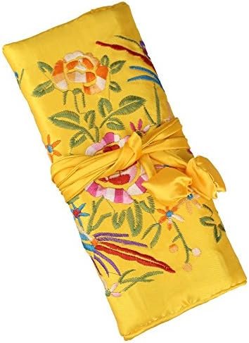 Yellow Multi-Use Silk Jewelry Organizer Roll – Vintage Embroidery Case for Travel/Daily/Events Foldable Zippered Pouch for Rings & Necklaces | Luxury Compact Gift.