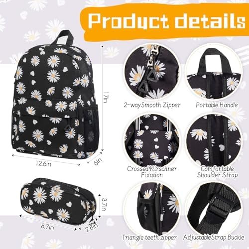 Redbaker 17 Inch 6 Pcs Kids Luggage Set Kids Rolling Luggage Double Pattern Suitcase for Boys Girls (Black, Daisy Style) - Image 5