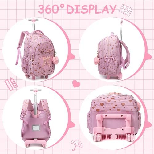 Meetbelify Kids Backpacks with Wheels for Girls Rolling Backpack with Lunch Box for Elementary Students Carry on Backpack Travel Suitcase Trip Luggage for Girls Ages 6-8 - Image 3
