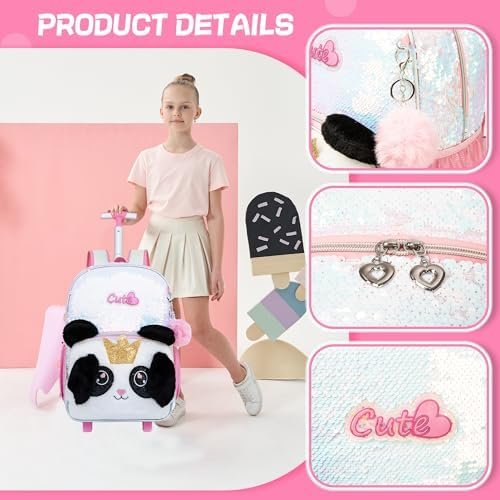 Meetbelify Rolling Backpack for Girls Backpacks with Wheels for Elementary School Students Kids 3 in 1 Travel Luggage Suitcase with Lunch Box Pencil Case for Girls Age 8-10 Cute Panda - Image 3