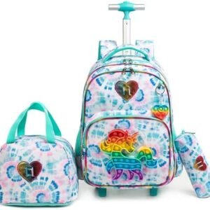 Egchescebo Kids Rolling Unicorn Backpack for Girls Luggage Suitcase With Wheels Trolley Wheeled POP Roller Backpacks for Elementary Travel School Bags 17" 3PCS Toy Backpack With Lunch Box Green