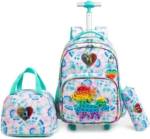 Egchescebo Kids Rolling Unicorn Backpack for Girls Luggage Suitcase With Wheels Trolley Wheeled POP Roller Backpacks for Elementary Travel School Bags 17" 3PCS Toy Backpack With Lunch Box Green