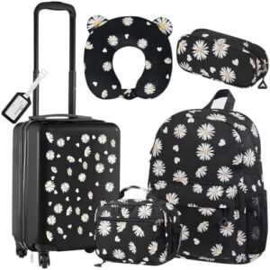 Redbaker 17 Inch 6 Pcs Kids Luggage Set Kids Rolling Luggage Double Pattern Suitcase for Boys Girls (Black, Daisy Style)
