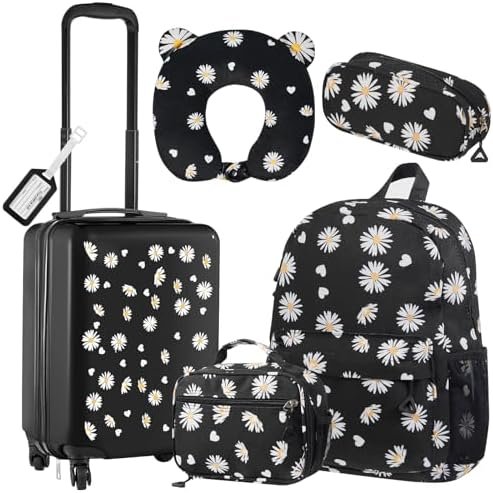 Redbaker 17 Inch 6 Pcs Kids Luggage Set Kids Rolling Luggage Double Pattern Suitcase for Boys Girls (Black, Daisy Style)