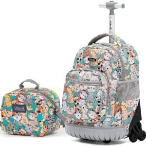 NEW TILAMI 16 Inch Rolling Backpack with Lunch Bag for Kids Adjustable Handle Carry-on Suitcase Wheels for Girls Boys School Travel Camping, Teal Cat Print