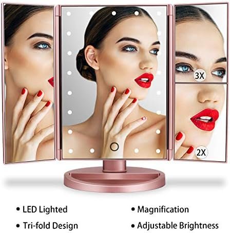 deweisn Dresser Mount Tri-Fold Lighted Vanity Mirror with 21 LED Lights, Touch Screen and 3X/2X/1X Magnification, Two Power Supply Modes Make Up Mirror,Travel Mirror - Image 6