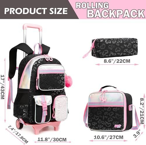 Meetbelify Girls Rolling Backpack with Wheels - Cute Kawaii Carry On Backpack for Elementary Students - Lunch Box Included - Travel Suitcase for Girls 8-10 - Image 2