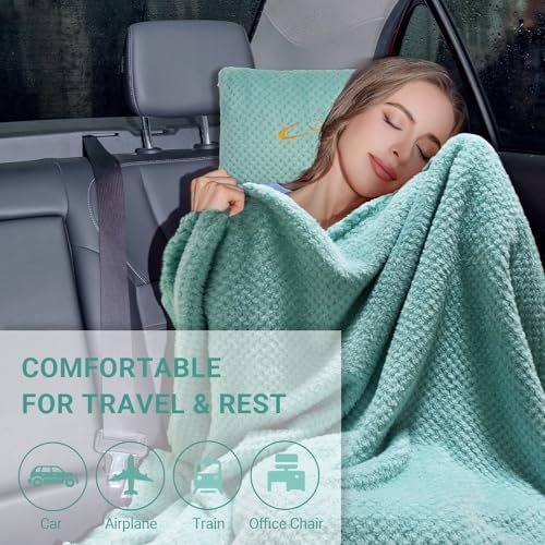 Travel Blanket Pillow-Premium Soft 2 in 1 Airplane Blanket for Long Trips Essentials with Bag Pillowcase, Hand Luggage Sleeve and Backpack Clip (Mint Green) - Image 7