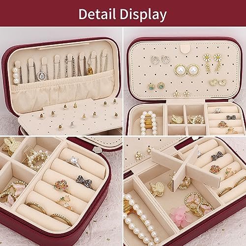 DesignSter Travel Jewelry Box, PU Leather Portable Jewelry Case, Small Jewelry Boxes for Gifts, Travel Jewelry Organizer for Women Rings Earrings Necklaces Bracelets (Wine Red) - Image 3
