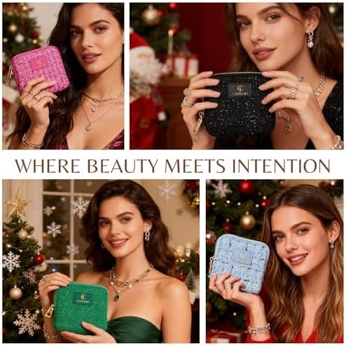 2025 New Travel Jewelry Case – Jewelry Organizer Travel for Rings, Bracelets, & Bangles with Smooth Metal Zipper, Elegant Jewelry Roll for Journey, Crystal Jewelry Storage Pouch, Mini, Tweed Green - Image 5