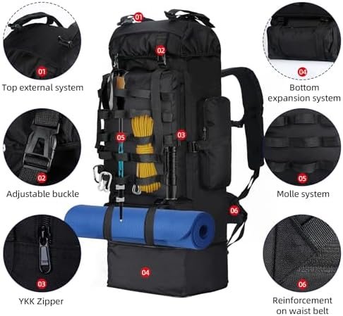 70L/100L Camping Hiking Backpack with Rain Cover, Expandable Large Military Tactical Backpack, Waterproof Molle Racksack Travel Backpacking Daypack for Climbing Trekking (Black) - Image 4