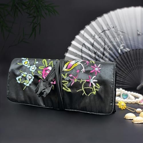Wei Long Jewelry Roll, Travel Jewelry Roll Bag,Silk Embroidery Brocade Jewelry Organizer Case with Tie Close (Blossom, Black) - Image 5