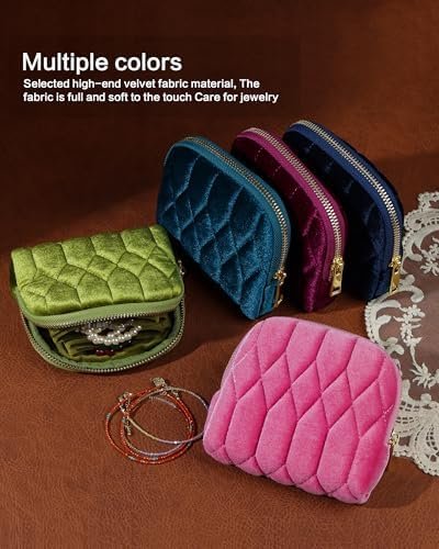 Small Travel Jewelry Case, Mini Travel Jewelry Bag with Zipper, 5-Layer Velvet Organizer Pouch for Bracelet Rings Earrings - Diamond Stitched Velvet Teal Blue - Image 7